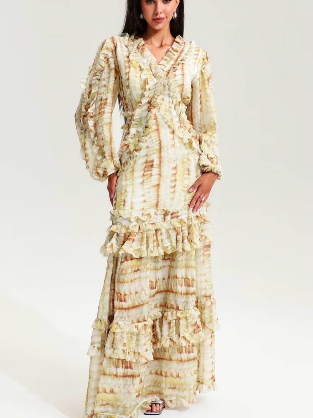 V-Neck Puff Sleeve Tiered Ruffle Hem Maxi Dress - Picture 2 of 6